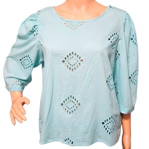 NWT New York & Company Eyelet Puff Sleeve Blouse M Aqua Blue Back Button Up